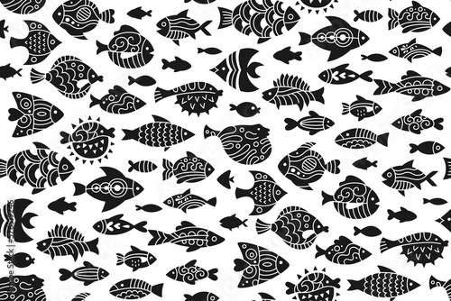Fish abstract tropical ornamental stamp seamless pattern. Linear doodle trendy exotic aquarium animal boundless ornament, cartoon nautical repeat wallpaper. Ornament freshwater, sea fishes background