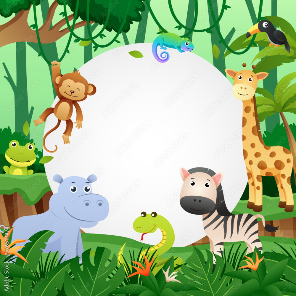 Naklejka premium Wildlife animal in jungle with circular copy space . Kids style . Vector .