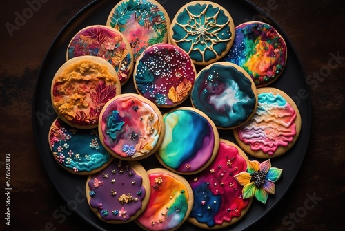 Colorful sugar cookies by Jayden kept in white plate photo