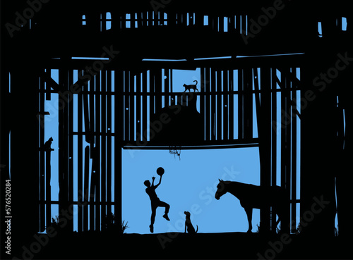 A teen aged boy practice his left handed layup on a hoop and torn net on the side of an old barn. Farm animals, cats, a dog and horse watch the action. This is a vector illustration.