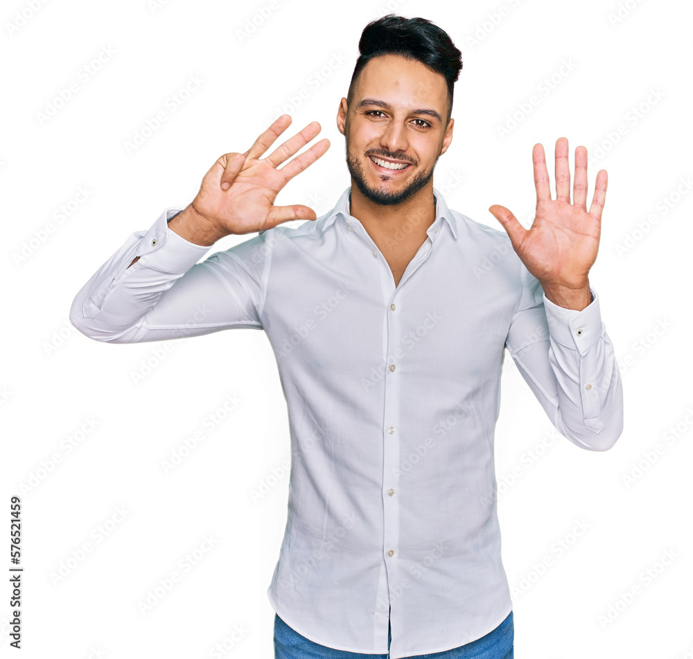Young arab man wearing casual clothes showing and pointing up with fingers number nine while smiling confident and happy. Young arab man wearing casual clothes showing and pointing up with fingers number nine while smiling confident and happy.
