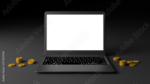 Black laptop mockup for title apps and websites. Front view with dark background.