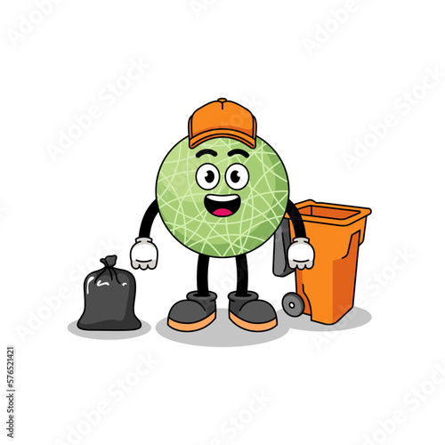 Illustration of melon fruit cartoon as a garbage collector