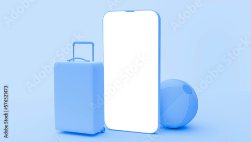 Blue cell phone mockup for travel apps and websites. Blue background with bag and ball.