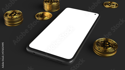 Black cell phone mockup for title applications and websites. Dark background with coins.