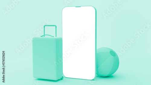 Green cell phone mockup for travel apps and websites. Green background with bag and ball.