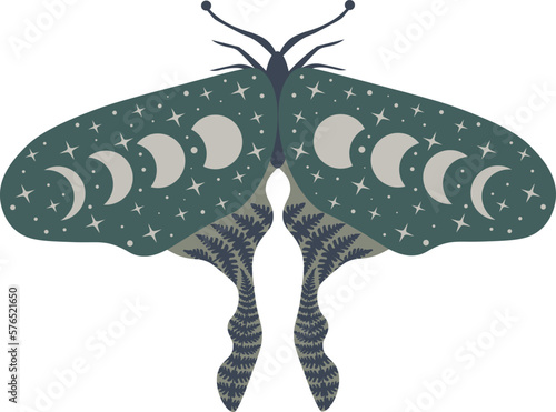 Celestial butterfly vector illustration. Mystical luna moth with moon phases. Magic floral insect on white background. Design for boho poster, card, madical t shirt print, tag, sticker.