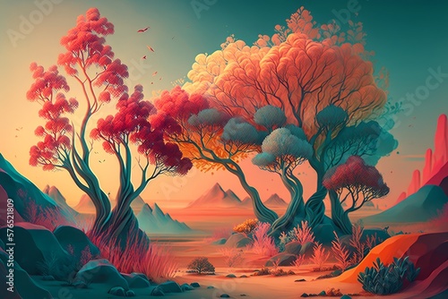 Vibrant abstract landscape with whimsical trees, generative ai