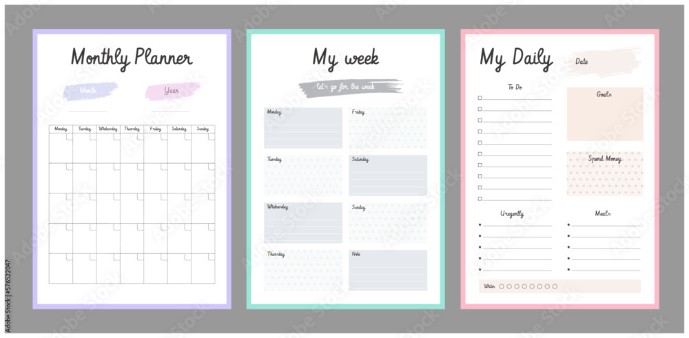 3 set of Daily, Weekly, Monthly Planner template. Cute and simple printable to do list. Business organizer page. Paper sheet. Realistic vector illustration. 3 set of Daily, Weekly, Monthly Planner template. Cute and simple printable to do list. Business organizer page. Paper sheet. Realistic vector illustration.