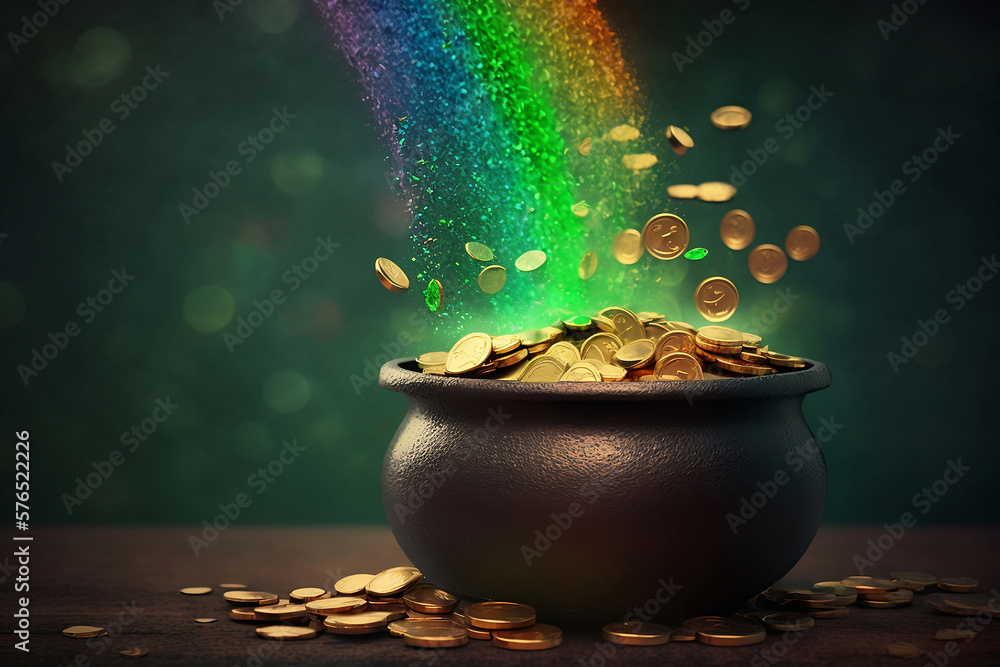 Rainbow falling into a pot of gold coins. St. Patrick's Day festive concept. Holiday background. - obrazy, fototapety, plakaty 
