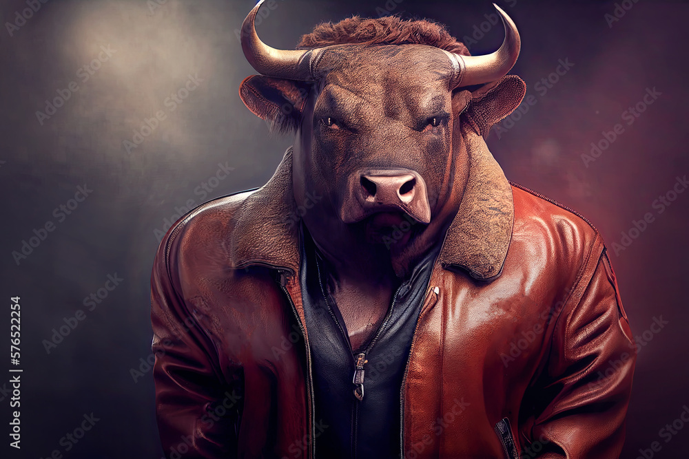 An imposing and healthy bull, sporting a leather jacket, captures the essence of strength and virility in portrait. resembles a powerful and confident man,  unity between animal instincts and human ai