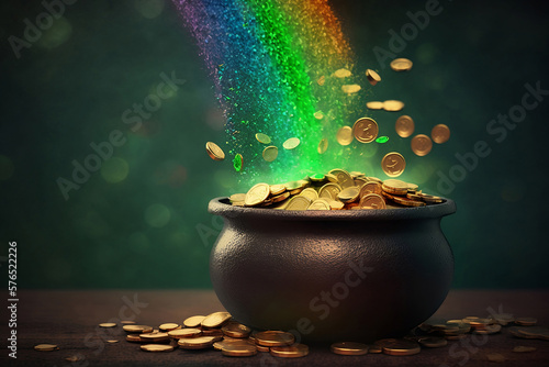 Rainbow falling into a pot of gold coins. St. Patrick's Day festive concept. Holiday background.