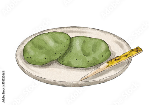 皿にのせた草餅のイラスト（水彩風）
