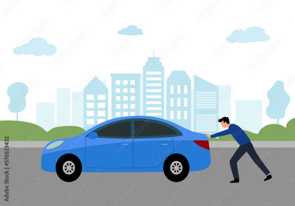 Man pushing car on street in flat design. Car breakdown.