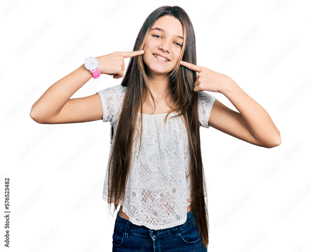 Young brunette girl with long hair wearing white shirt smiling cheerful showing and pointing with fingers teeth and mouth. dental health concept. Young brunette girl with long hair wearing white shirt smiling cheerful showing and pointing with fingers teeth and mouth. dental health concept.