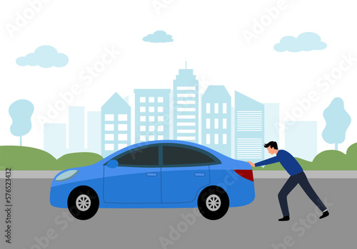 Man pushing car on street in flat design. Car breakdown.
