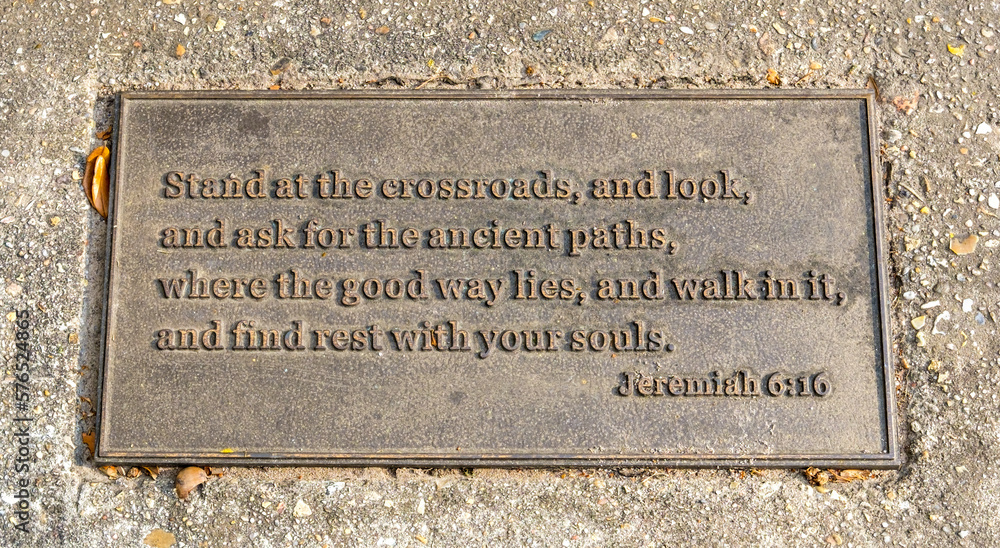 Biblical Quotation on a Sidewalk Plaque about the Righteous Path, from the Book of Jeremiah