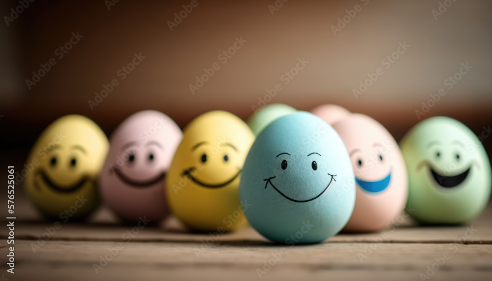 Easter eggs with drawing happy funny faces. Eggs Faces, drawing on eggs, selective soft focus, blurred background. Easter creative background, copy space. Generative ai illustration Easter eggs with drawing happy funny faces. Eggs Faces, drawing on eggs, selective soft focus, blurred background. Easter creative background, copy space. Generative ai illustration