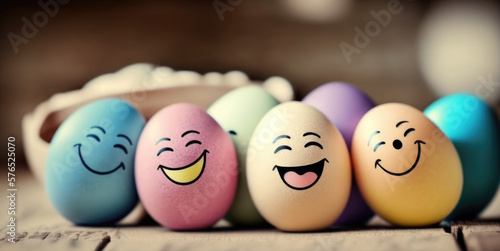 Easter eggs with drawing funny faces. Eggs happy faces, drawing on eggs, selective soft focus, blurred background. Easter creative background, generative ai illustration