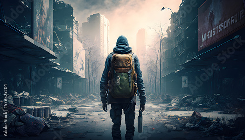 A survivor with a big backpack on a desolated city after a zombie outbreak apocalypse, generated by ai photo