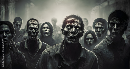 A zombie horde in the destroyed ruins of a city after a zombie apocalypse outbreak, generated by ai