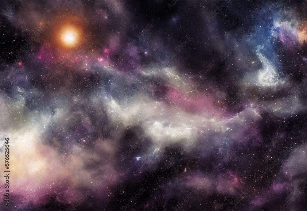 Detailed landscape painting of galactic outer space featuring stars, comets, moons, planets, and nebula gas. Digital painting.	