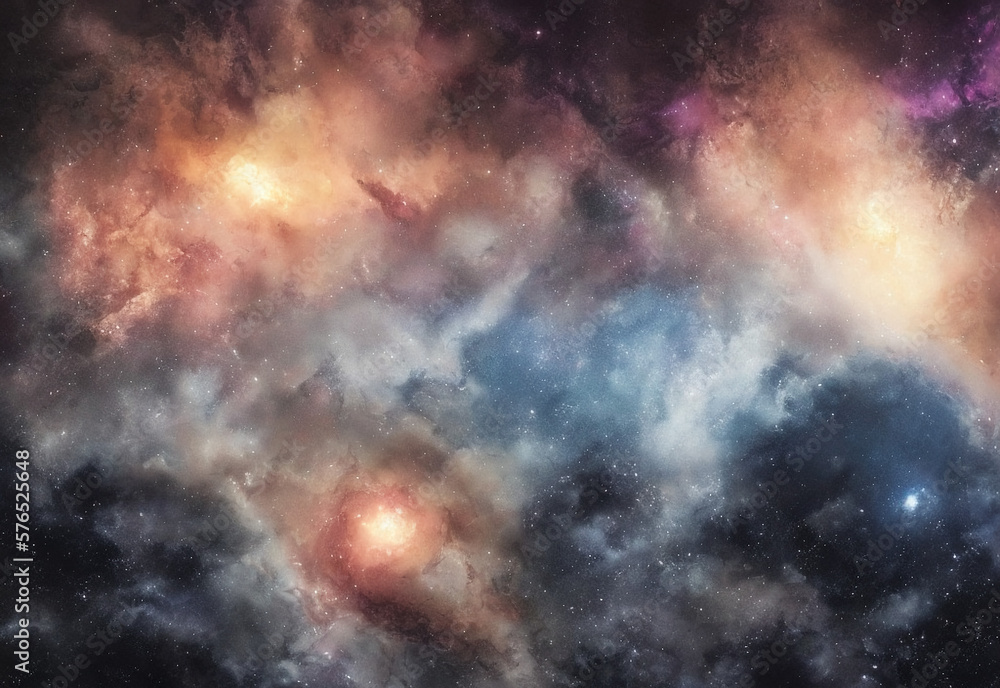 Detailed landscape painting of galactic outer space featuring stars, comets, moons, planets, and nebula gas. Digital painting.	
