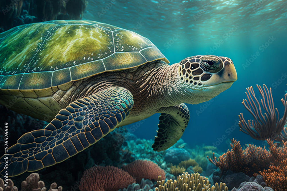 Fototapeta premium Seascape with Green Sea Turtle in the turquoise water of coral reef of Caribbean Sea, Curacao Generative AI