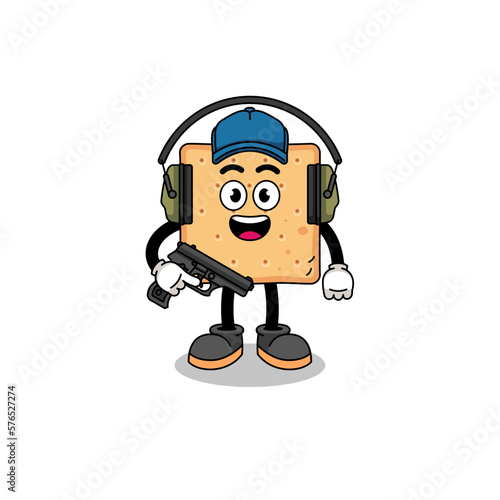 Character mascot of square cracker doing shooting range