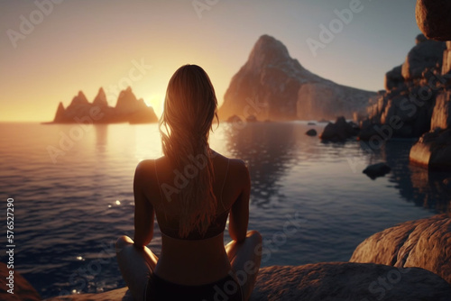 Young woman practicing yoga near the sea at sunset. Harmony and meditation concept. Healthy lifestyle, self care, relaxation, mindfulness concept Generative AI © Yan