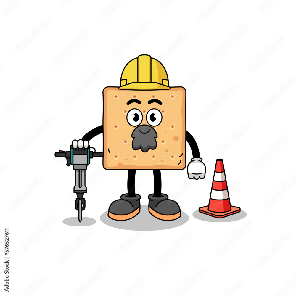 Character cartoon of square cracker working on road construction Character cartoon of square cracker working on road construction