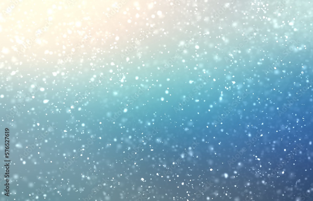 Falling snow soft blue airy background. Snowflakes blur texture.
