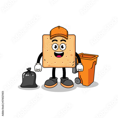 Illustration of square cracker cartoon as a garbage collector