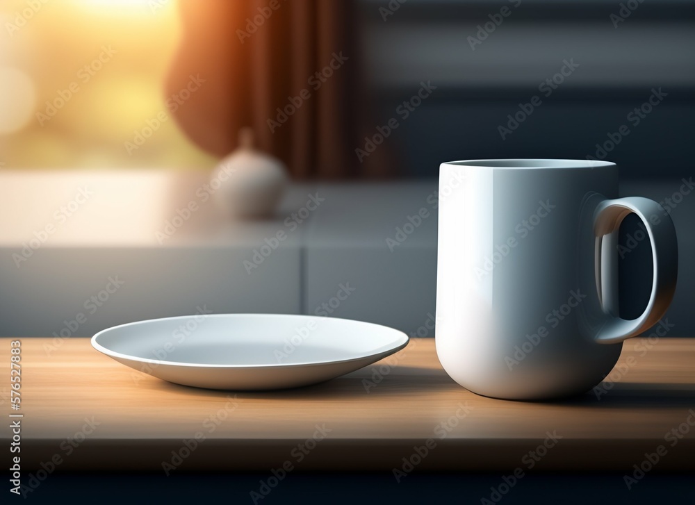 Obraz premium White coffee mug on the top of a desk, empty cup isolated for design, generative Ai
