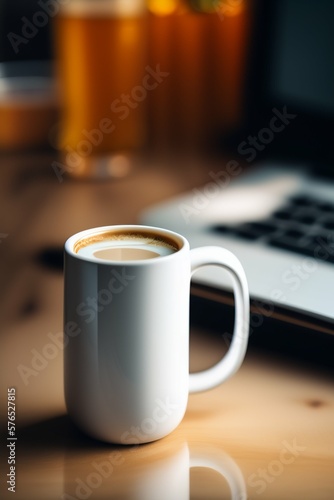 White coffee mug on the top of a desk, empty cup isolated for design, generative Ai