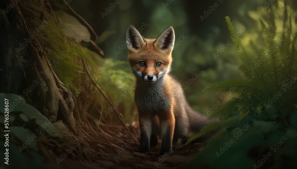 Adorable baby fox in a forest. Created with Generative AI. Adorable baby fox in a forest. Created with Generative AI.