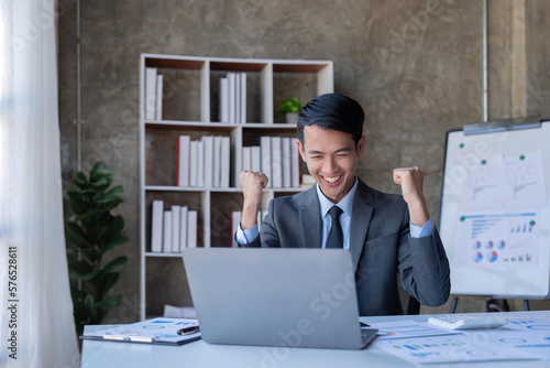 Marketing, Financial, Accounting, and Planning, a businessman expresses his joy at making annual profits for a successful company