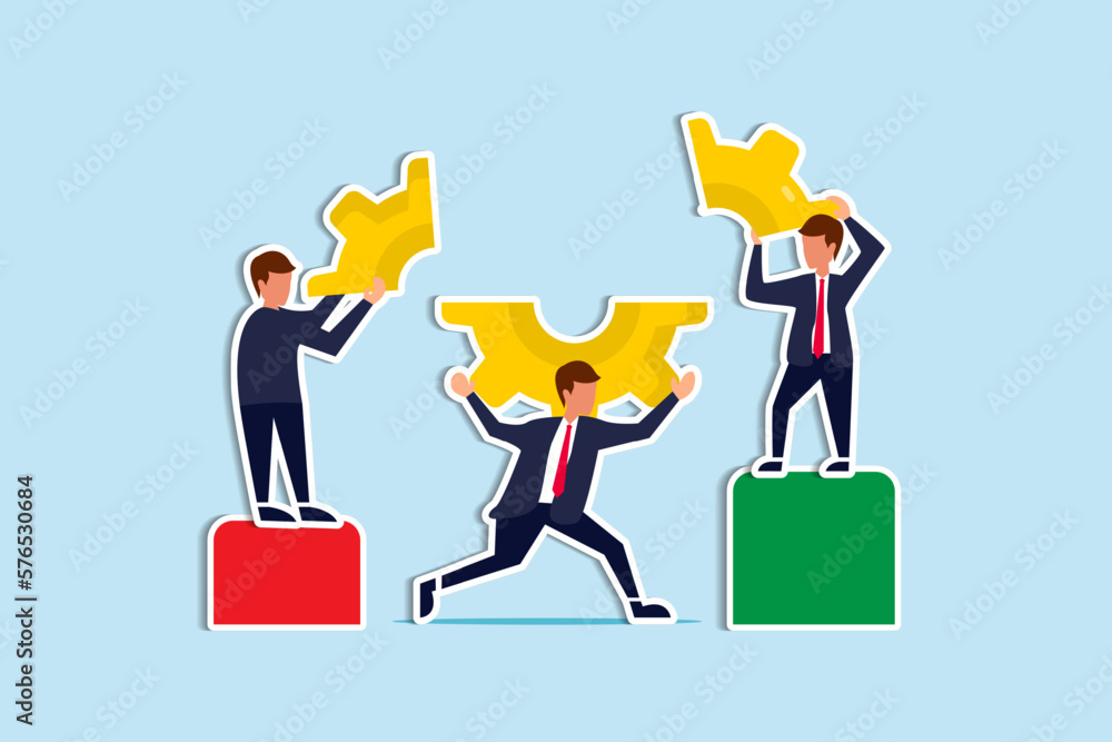 Business integration, partnership to get solution, connection or teamwork, work efficiency, optimization or organization concept, business people team colleagues connecting  gear together. paper cut
