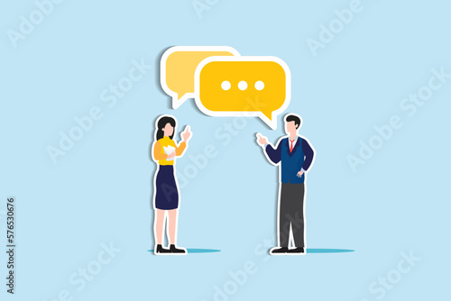 Communicate idea in business discussion, effective communication to brainstorm and come up with solution or result concept, businessman and woman coworker talking with speech bubble. paper cut style