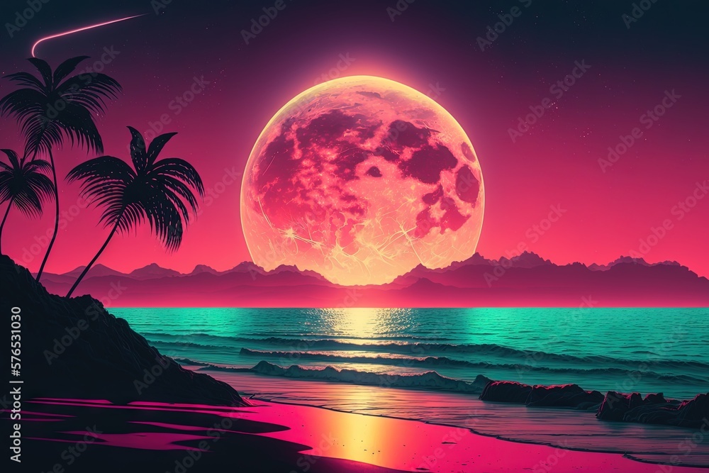Retro futuristic synthwave style sunset at the beach colorful