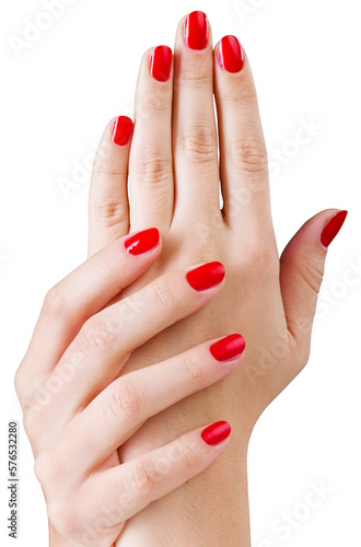 Young beautiful woman hands with red manicure