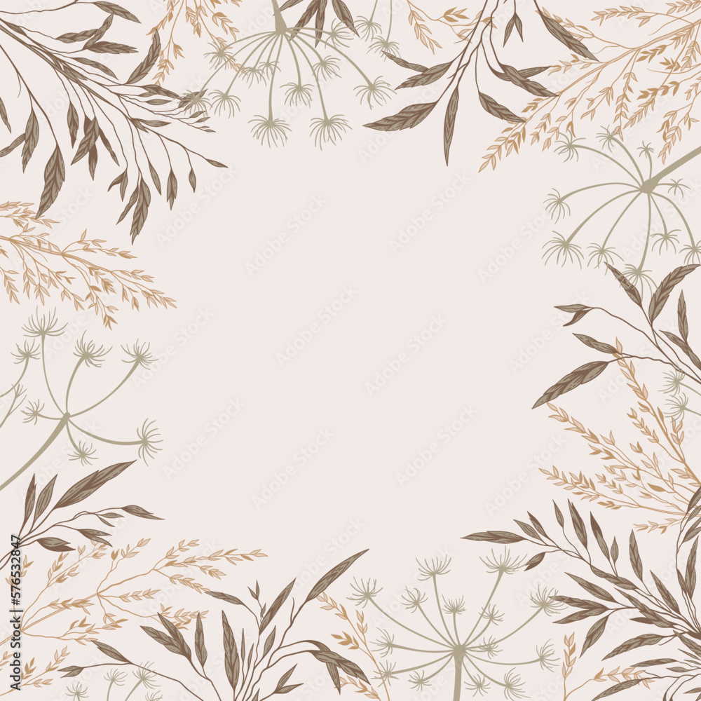 Square frame with plants. Botanical background with dry grass. natural beige tones. Vector illustration. Engraving. Layout border for invitations card, postcards, advertising, logos, covers, labels.