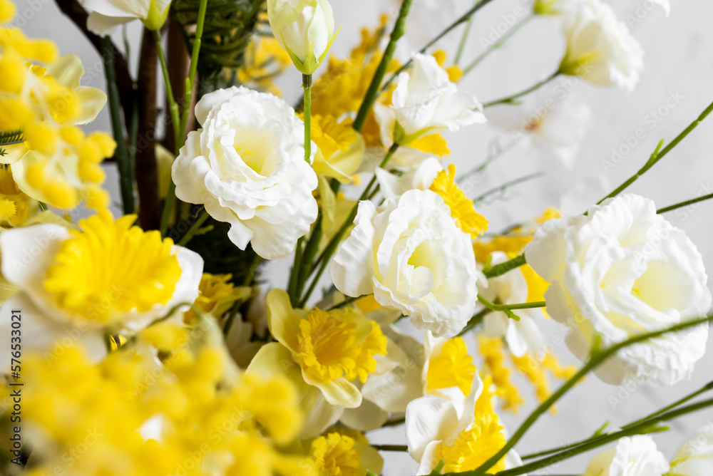 Beautiful bouquet of white and yellow flowers. Spring flower arrangement Beautiful bouquet of white and yellow flowers. Spring flower arrangement
