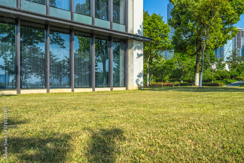 beautiful green meadow near modern office building.