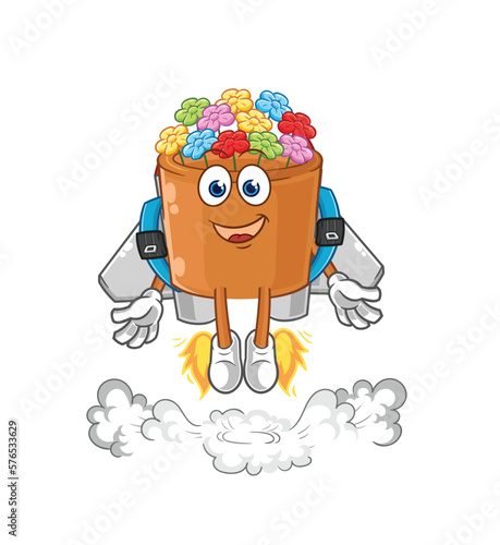 flowers in pot with jetpack mascot. cartoon vector