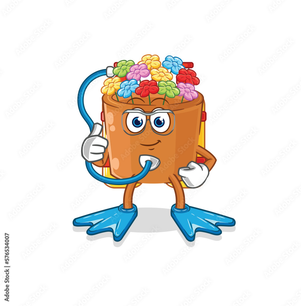 flowers in pot diver cartoon. cartoon mascot vector flowers in pot diver cartoon. cartoon mascot vector