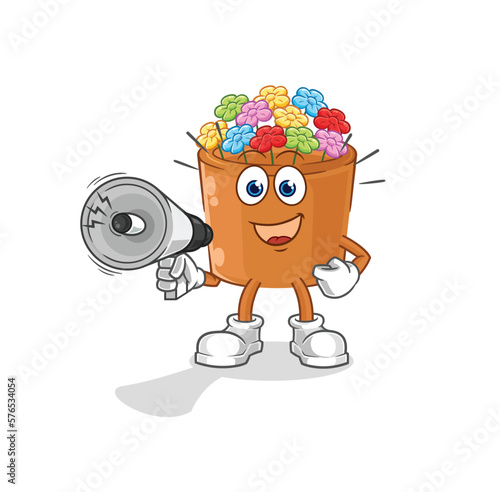 flowers in pot holding hand loudspeakers vector. cartoon character