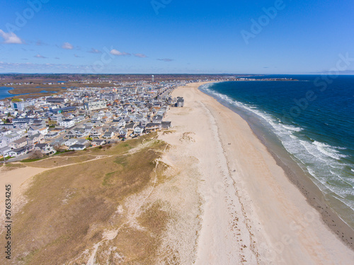 Hampton Beach aerial view including historic waterfront buildings on Ocean Boulevard and Hampton Beach State Park  Town of Hampton  New Hampshire NH  USA.