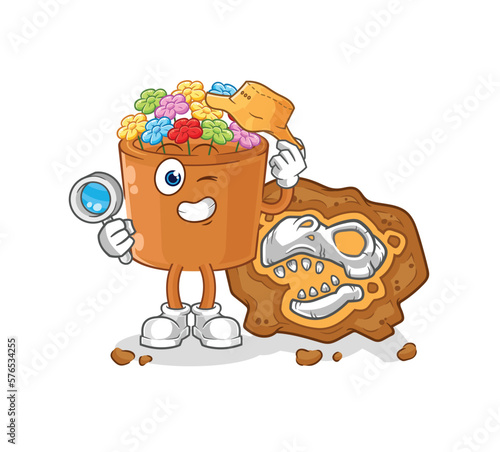 flowers in pot archaeologists with fossils mascot. cartoon vector