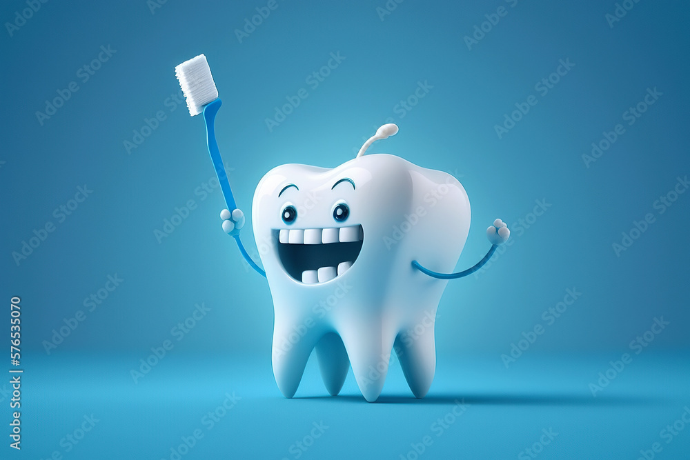 white happy tooth with a toothbrush on blue background. Cartoon character. Generative AI white happy tooth with a toothbrush on blue background. Cartoon character. Generative AI